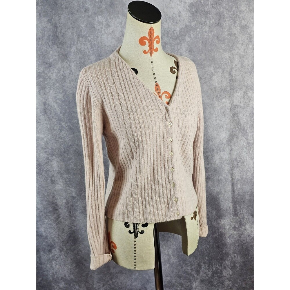 VTG Limited Crop Cardigan Sweater Women M Pink Cable Knit LambsWool Angora READ